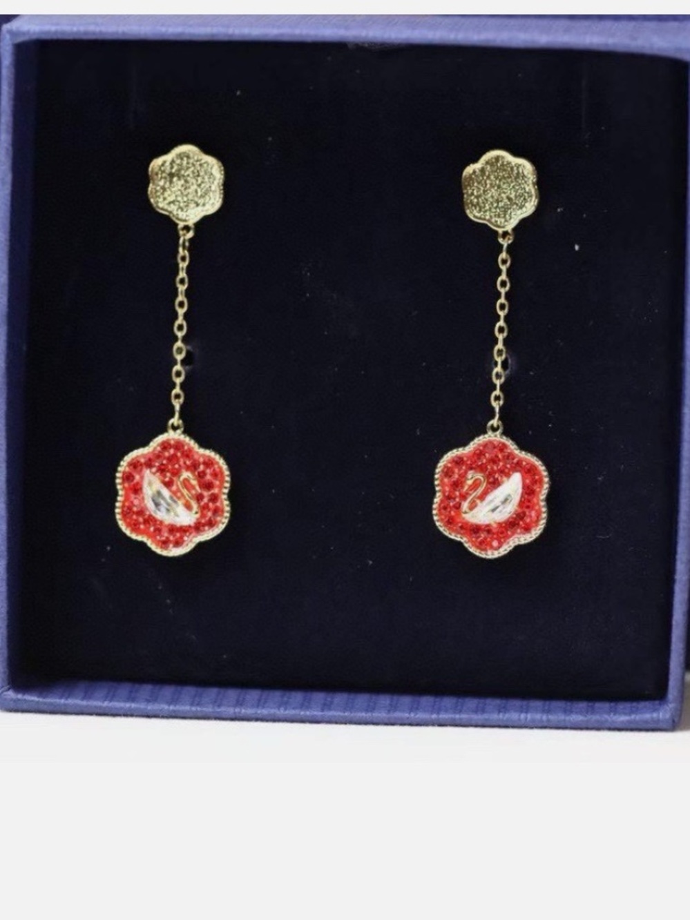 Swarovski Red Flower Drop Earrings with Gold Chain